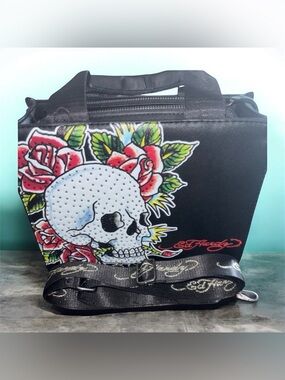 Ed Hardy Black Crossbody Bag with Red Roses and White Skull